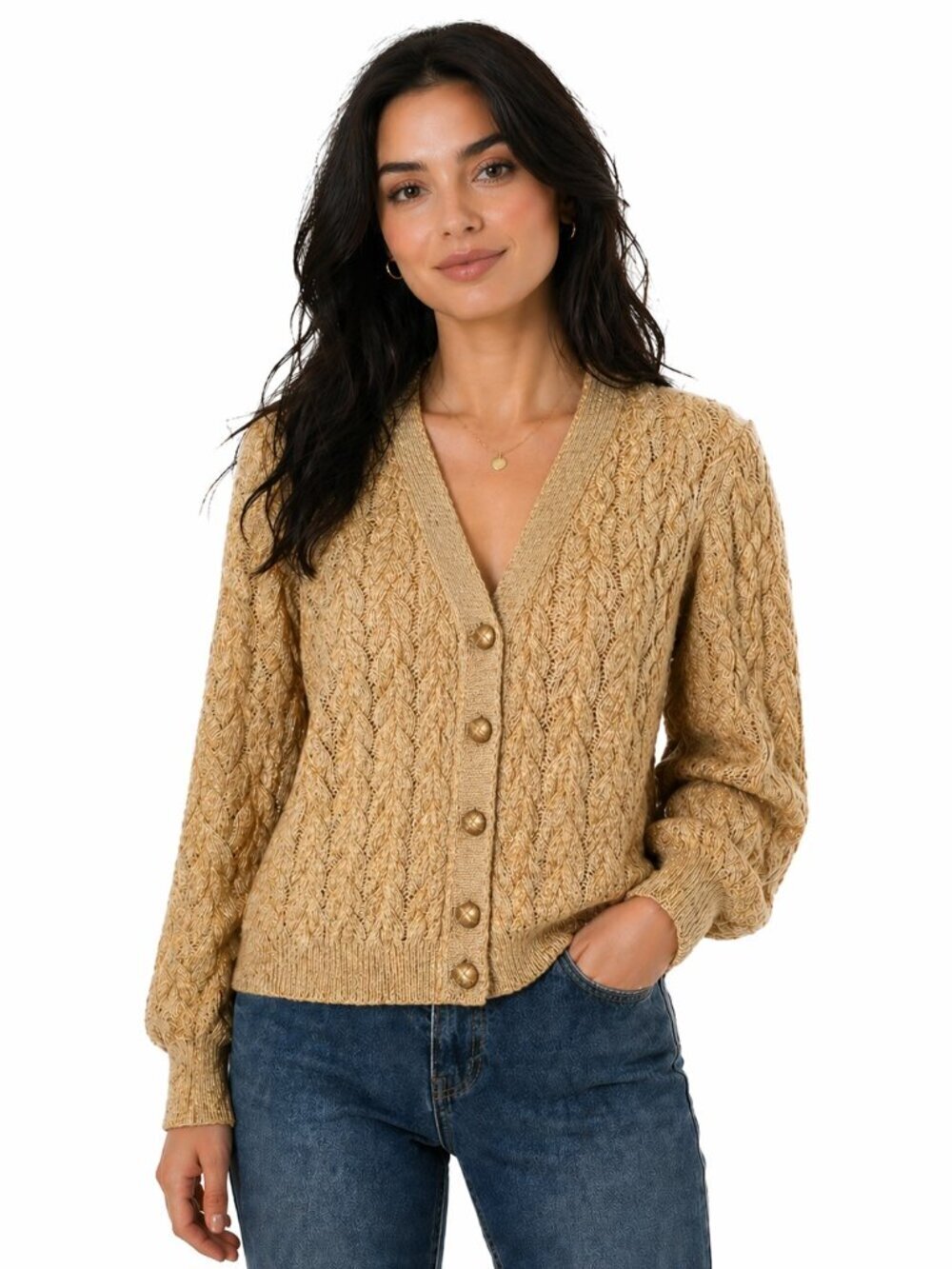 Vintage Valentino Studio 1980s Gold Metallic Cable Knit Cardigan
